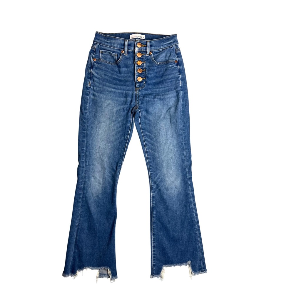 LOFT High Waist Kick Crop Jeans Sz 00P Button Fly Raw Step Hem Festival Flare